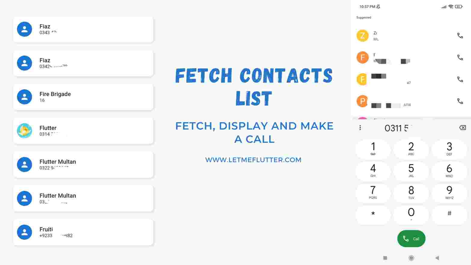 flutter contacts list showing images of contact list and phone call screen