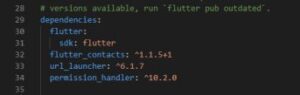 flutter pubspec yaml file flutter contacts package, url launcher package, permission handler package